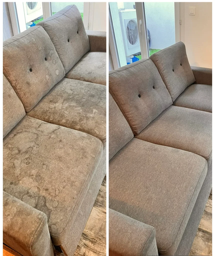 Canapé en tissu nettoyé en profondeur après un traitement détachant.
