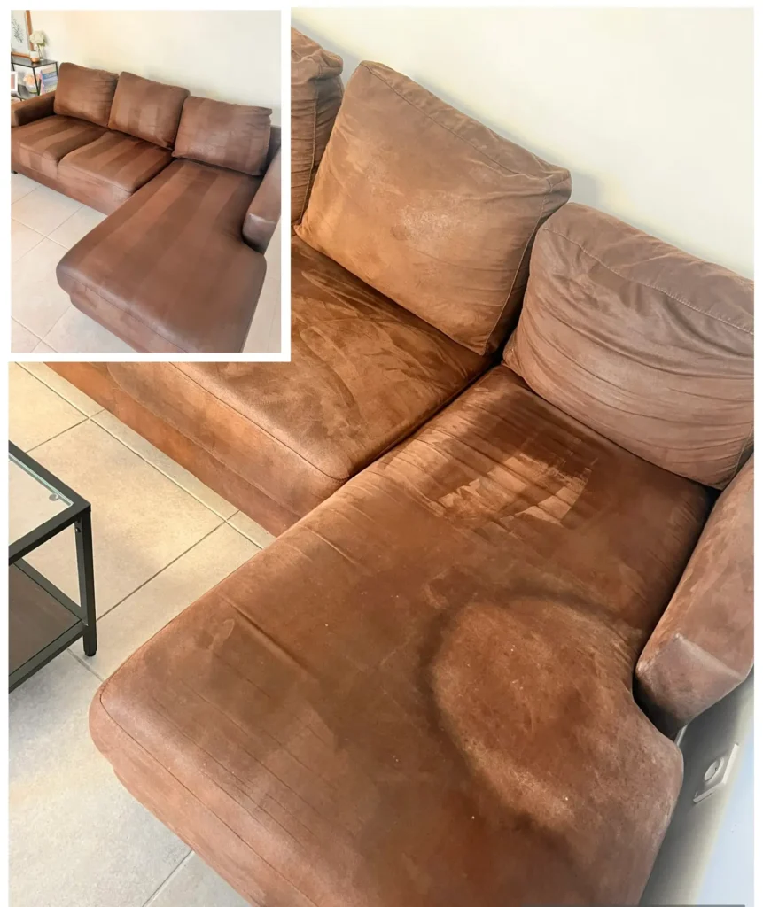 Canapé en tissu foncé nettoyé pour éliminer les taches et bactéries.