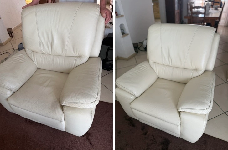 Fauteuil en cuir avant et après nettoyage et nourrissage par KeepClean83 dans le Var