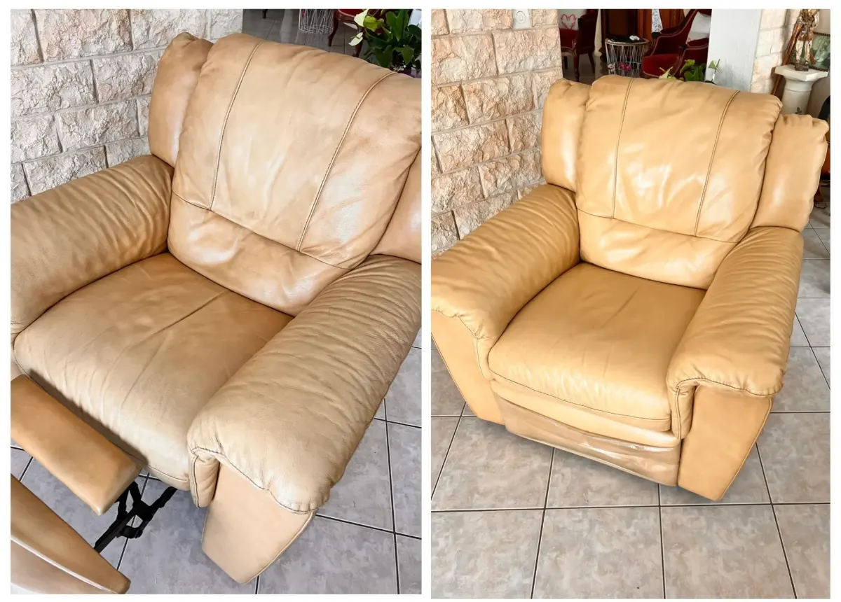Fauteuil en cuir beige avant et après nettoyage et nourrissage par KeepClean83 à Toulon