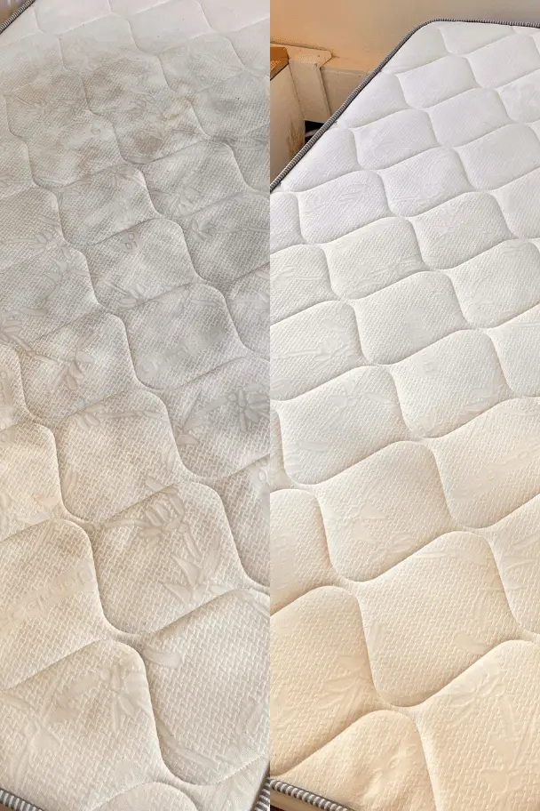 Gros plan sur le tissu d’un matelas, là où s’accumulent squames et acariens.