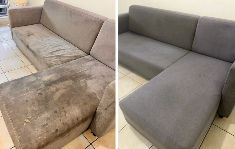 Canapé d'angle en tissu avant et après nettoyage par KeepClean83 à La Seyne-sur-Mer