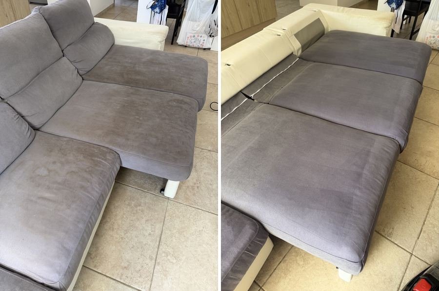 Canapé d’angle en microfibre grise avec auréoles et taches, avant et après un nettoyage par injection-extraction à Hyères