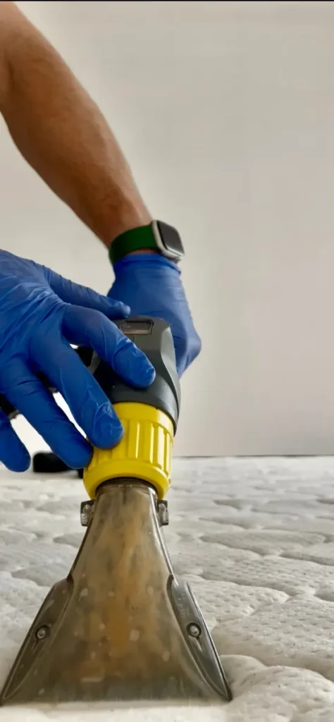 Nettoyage d’un matelas par injection-extraction pour retirer acariens et allergènes.